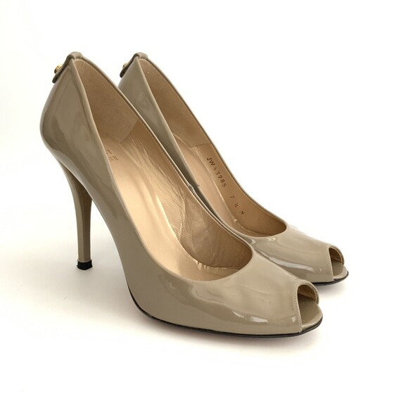 Stuart Weitzman Heels Women Size 7.5 Beige Patent Leather Peep-toe Pumps - Picture 12 of 12